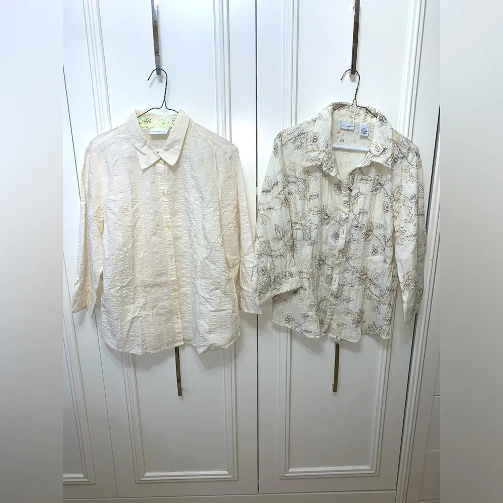 Liz Claiborne/Kim Rogers set 2 short sleeve seersucker‎ ivory tops XL